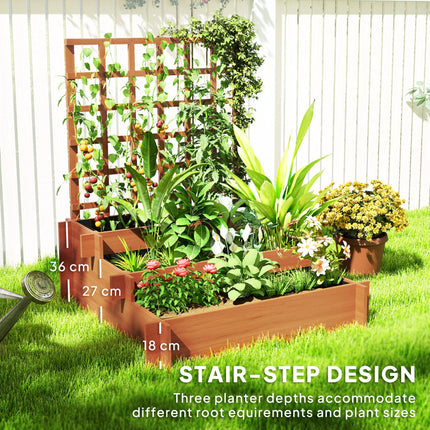 3 Tier Wooden Garden Planter with Trellis and Fabric Liners - Brown