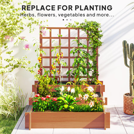 3 Tier Wooden Garden Planter with Trellis and Fabric Liners - Brown