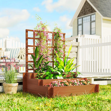 3 Tier Wooden Garden Planter with Trellis and Fabric Liners - Brown