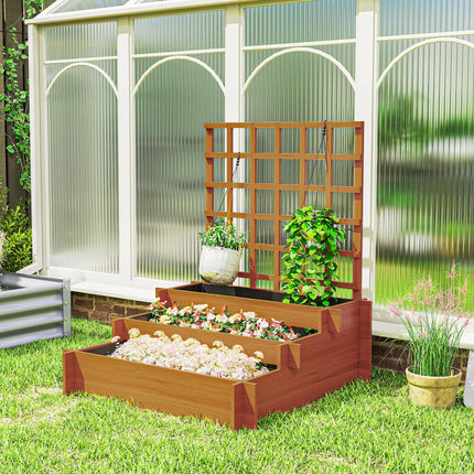 3 Tier Wooden Garden Planter with Trellis and Fabric Liners - Brown