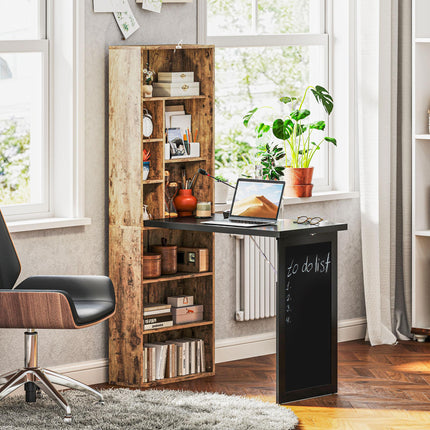 Folding Desk with Blackboard and Side Shelf Multi-function Workstation - Rustic Brown