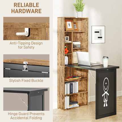 Folding Desk with Blackboard and Side Shelf Multi-function Workstation - Rustic Brown