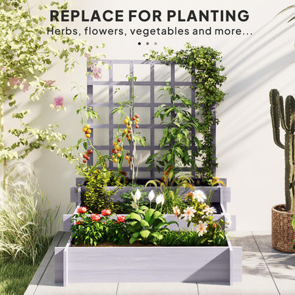 3 Tier Garden Planters with Trellis for Vine Climbing, Wooden Raised Beds, 95x95x110cm, Grey