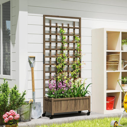 Wooden Raised Garden Bed with Trellis and Wheels - Brown