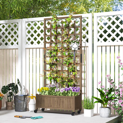 Wooden Raised Garden Bed with Trellis and Wheels - Brown