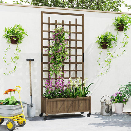 Wooden Raised Garden Bed with Trellis and Wheels - Brown