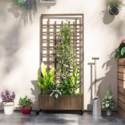 Wooden Raised Garden Bed with Trellis and Wheels - Brown