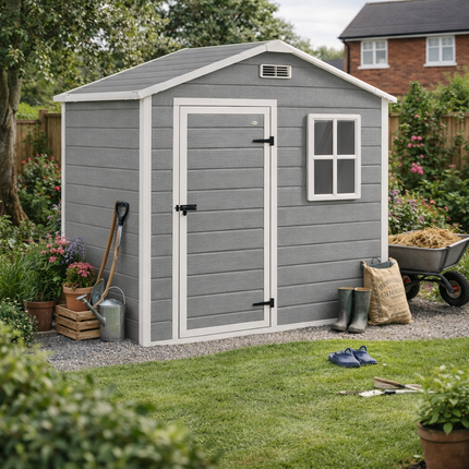 6 x 4ft Plastic Garden Shed with Floor and Lockable Door - Grey Wood Effect