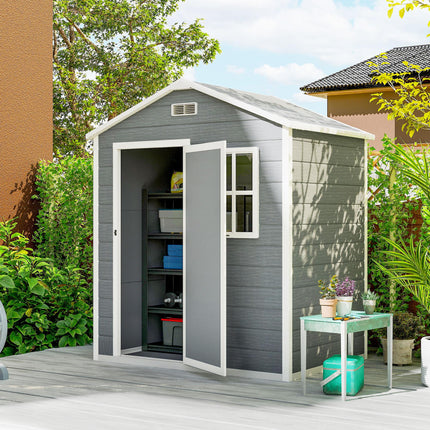 6 x 4ft Plastic Garden Shed with Floor and Lockable Door - Grey Wood Effect