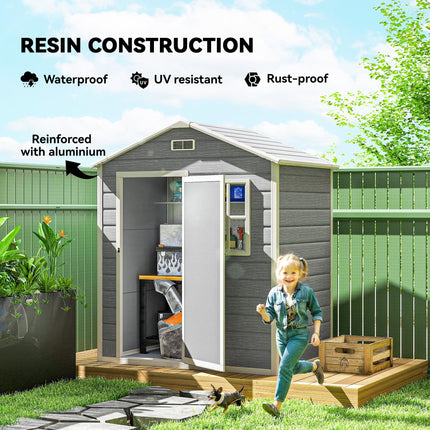 6 x 4ft Plastic Garden Shed with Floor and Lockable Door - Grey Wood Effect