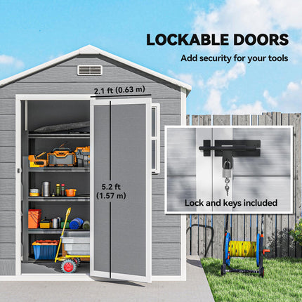 6 x 4ft Plastic Garden Shed with Floor and Lockable Door - Grey Wood Effect