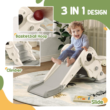 3-in-1 Toddler Slide with Climber and Basketball Hoop for Ages 2-5 - Cream White