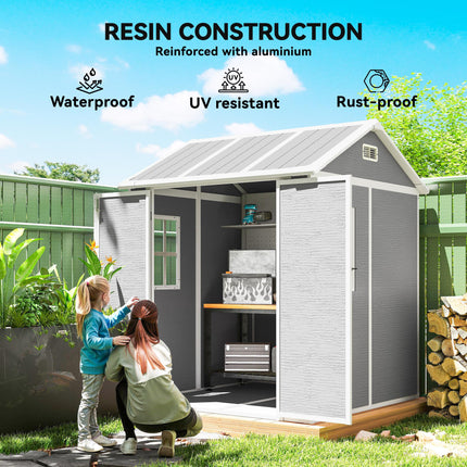 6 x 6ft Garden Shed with Floor, Window, Lockable Doors and Vents, Wood Effect Resin Tool Shed for Outdoor Patio, Grey