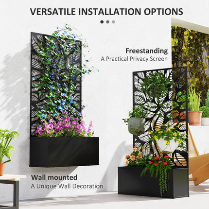 Outdoor Metal Planter with Leaf Cut-Out Trellis 61x23x113cm - Black