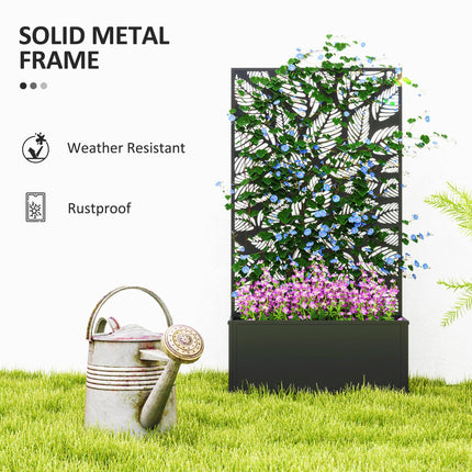 Outdoor Metal Planter with Leaf Cut-Out Trellis 61x23x113cm - Black