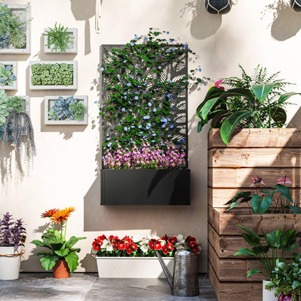 Outdoor Metal Planter with Leaf Cut-Out Trellis 61x23x113cm - Black