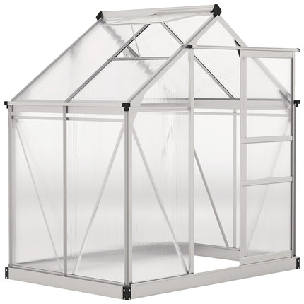 Polycarbonate Greenhouse, Large Walk-In Green House with Slide Door and Window, Aluminium Frame, 6x4ft, Silver Tone