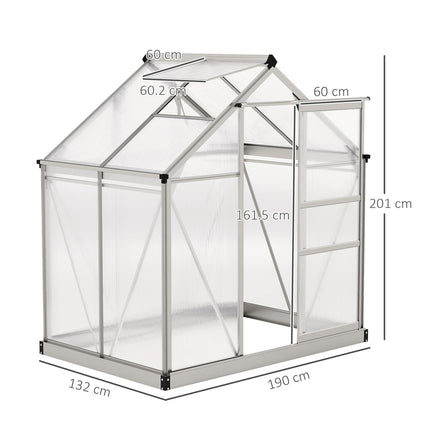 Polycarbonate Greenhouse, Large Walk-In Green House with Slide Door and Window, Aluminium Frame, 6x4ft, Silver Tone