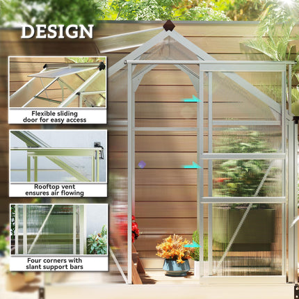 Polycarbonate Greenhouse, Large Walk-In Green House with Slide Door and Window, Aluminium Frame, 6x4ft, Silver Tone