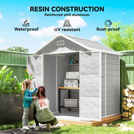 6 x 5ft Wood Effect Resin Garden Shed with Floor and Lockable Doors - Light Grey