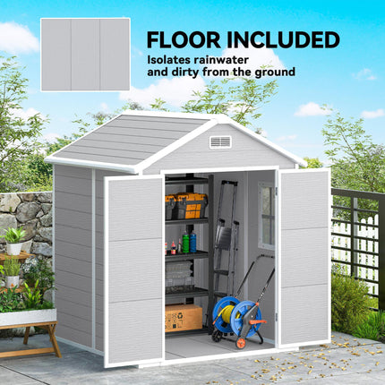 6 x 5ft Wood Effect Resin Garden Shed with Floor and Lockable Doors - Light Grey