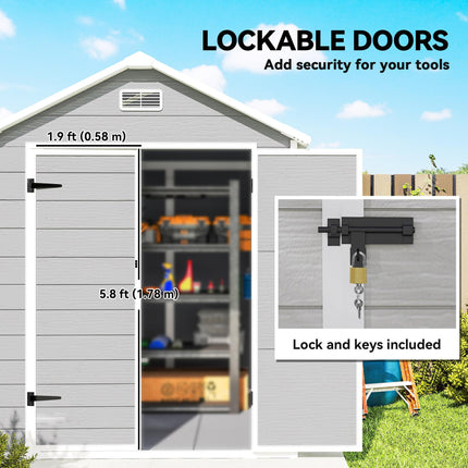 6 x 5ft Wood Effect Resin Garden Shed with Floor and Lockable Doors - Light Grey