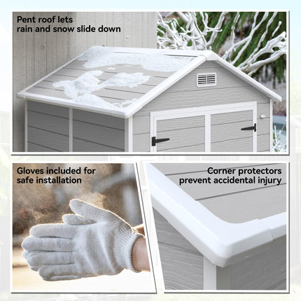 6 x 5ft Wood Effect Resin Garden Shed with Floor and Lockable Doors - Light Grey