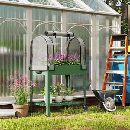 Mobile Raised Planter with Greenhouse Cover and Wheels - Green