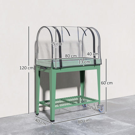 Mobile Raised Planter with Greenhouse Cover and Wheels - Green