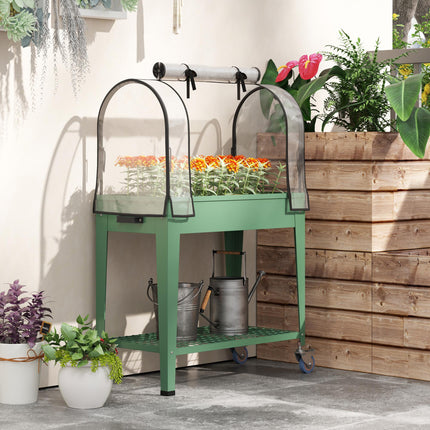 Mobile Raised Planter with Greenhouse Cover and Wheels - Green