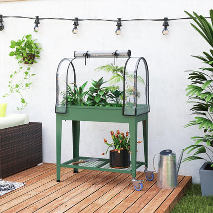 Mobile Raised Planter with Greenhouse Cover and Wheels - Green