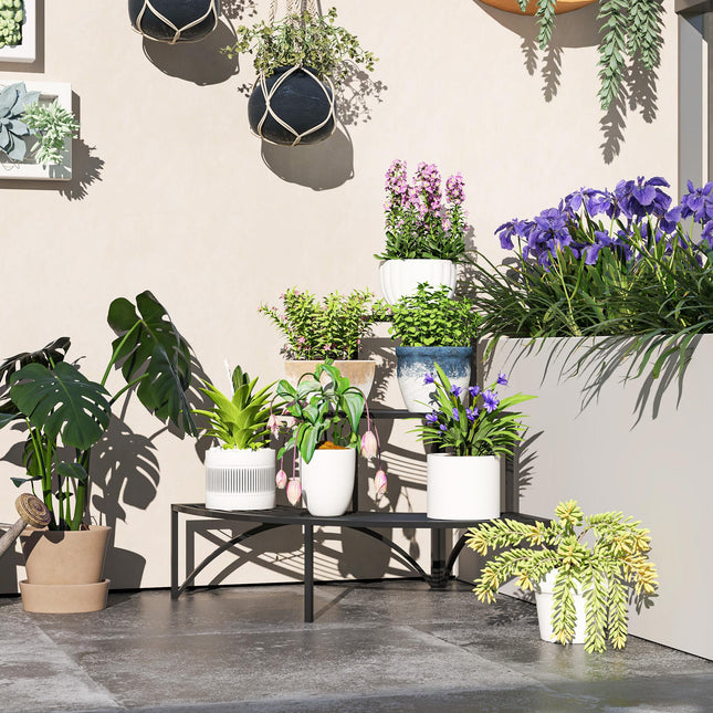 Three-Tier Corner Metal Plants Shelves - Black