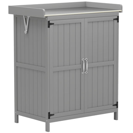 Wooden Garden Tool Storage Shed with Hinged Roof and Shelf - Grey