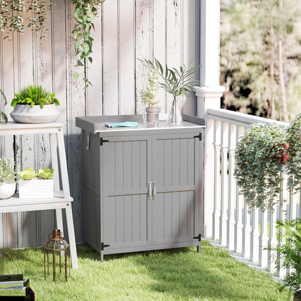 Wooden Garden Tool Storage Shed with Hinged Roof and Shelf - Grey
