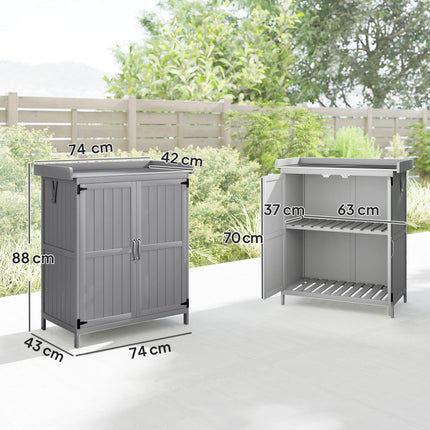 Wooden Garden Tool Storage Shed with Hinged Roof and Shelf - Grey