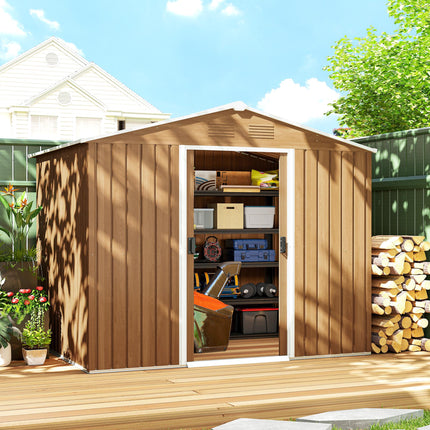 8x6ft Galvanised Steel Double Door Tool Shed - Brown