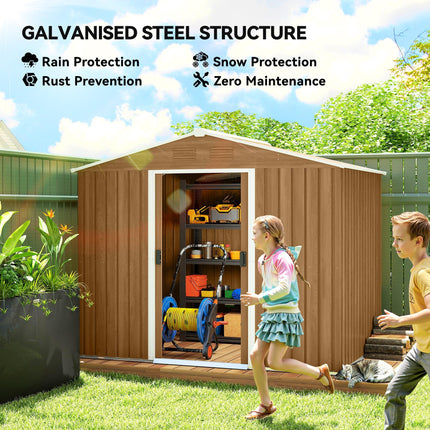 8x6ft Galvanised Steel Double Door Tool Shed - Brown