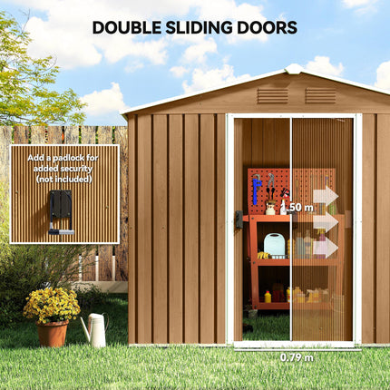 8x6ft Galvanised Steel Double Door Tool Shed - Brown
