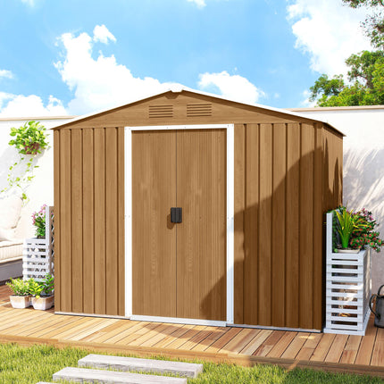 8x6ft Galvanised Steel Double Door Tool Shed - Brown