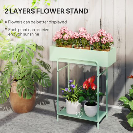 2 Tier Metal Plant Stand with Drain Holes and Fence - Green
