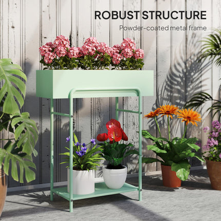 2 Tier Metal Plant Stand with Drain Holes and Fence - Green
