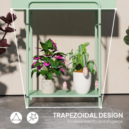 2 Tier Metal Plant Stand with Drain Holes and Fence - Green