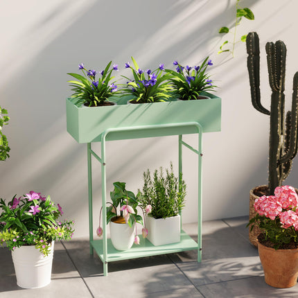 2 Tier Metal Plant Stand with Drain Holes and Fence - Green