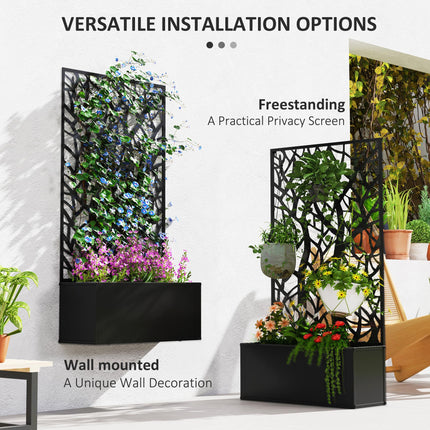 Outdoor Metal Planter with Tree Cut-Out Trellis 23x58cm - Black