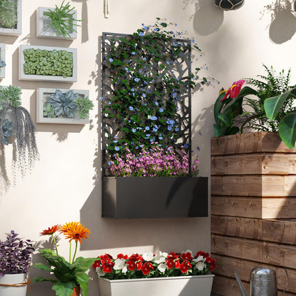 Outdoor Metal Planter with Tree Cut-Out Trellis 23x58cm - Black