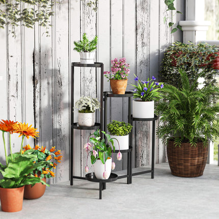3 Tier Foldable Metal Plant Stand for Indoor & Outdoor Use - Black