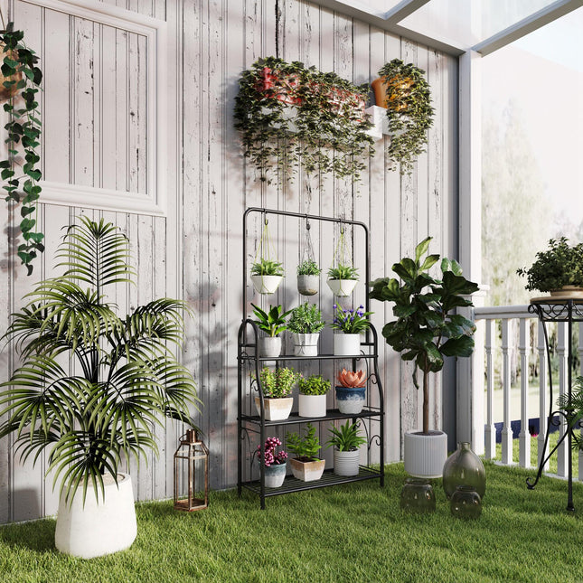 3 Tier Plant Stand with Hanging Rod and Hooks, Metal Plant Rack Shelf, Ladder Flower Pot for Indoor Outdoor Porch Balcony Living Room Bedroom, Black