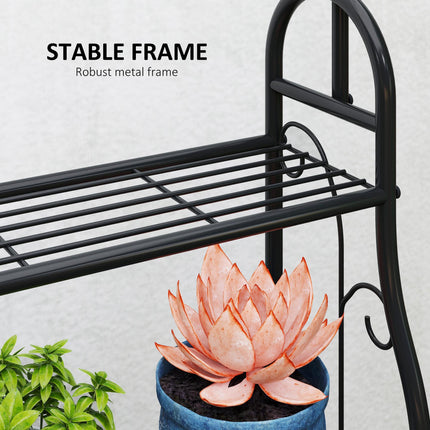3 Tier Plant Stand with Hanging Rod and Hooks, Metal Plant Rack Shelf, Ladder Flower Pot for Indoor Outdoor Porch Balcony Living Room Bedroom, Black