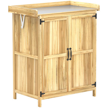 Fir Wood Garden Storage Shed with Metal Worktop and Hinged Roof - Natural Finish