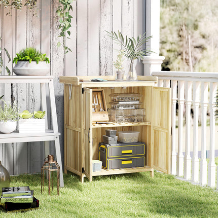 Fir Wood Garden Storage Shed with Metal Worktop and Hinged Roof - Natural Finish
